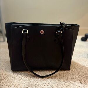 Tory Burch Black Tote Bag with Textured Fabric and Red Logo